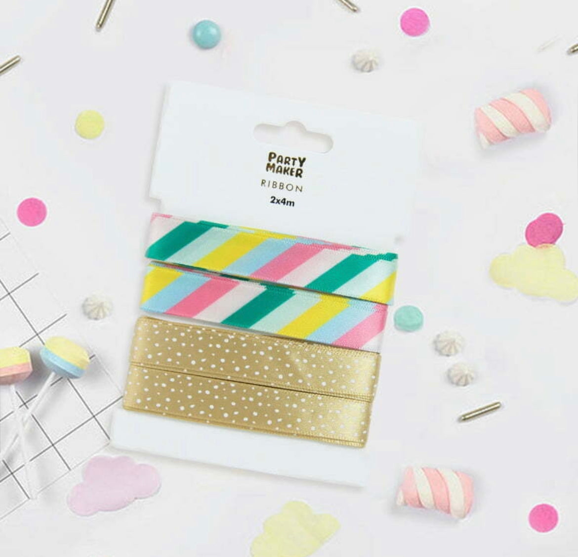 Gift Wrapping Ribbon - Multicoloured Stripes & Gold