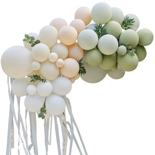 Taupe, Peach & Sage Balloon Arch with Eucalyptus, Sage Foliage and Streamers