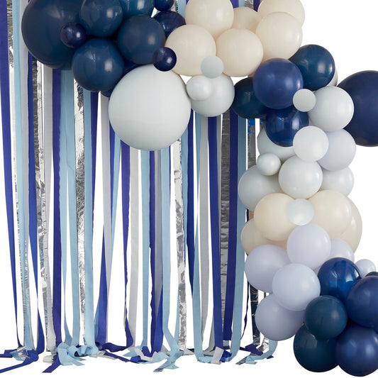 Blue, Cream & Silver Streamer and Balloon Arch Party Backdrop