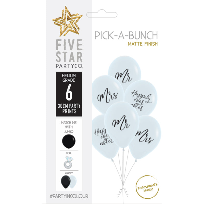 Pack of 6 Wedding Balloons | 'Happily Ever After', 'Mr' and 'Mrs' Themed Bouquet | Flat packed