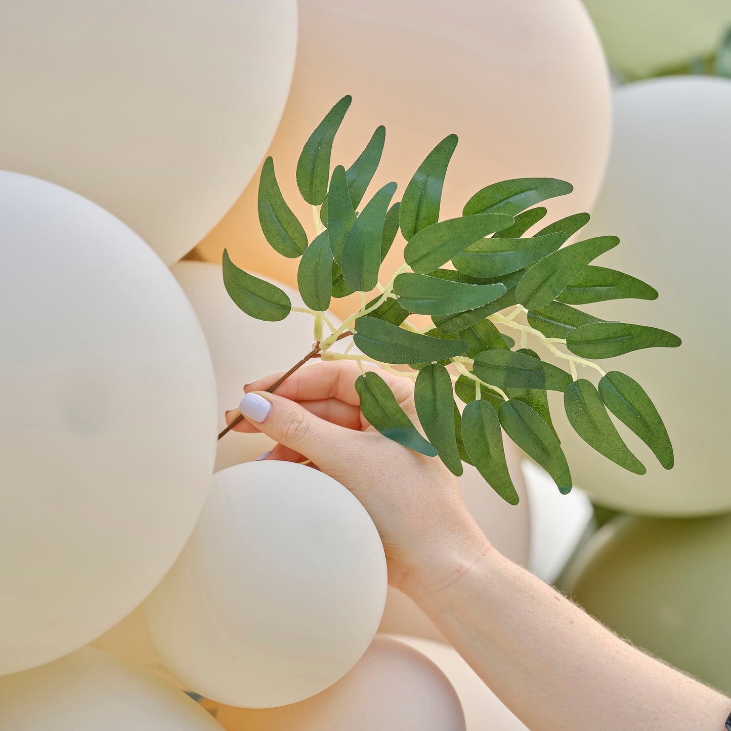Taupe, Peach & Sage Balloon Arch with Eucalyptus, Sage Foliage and Streamers