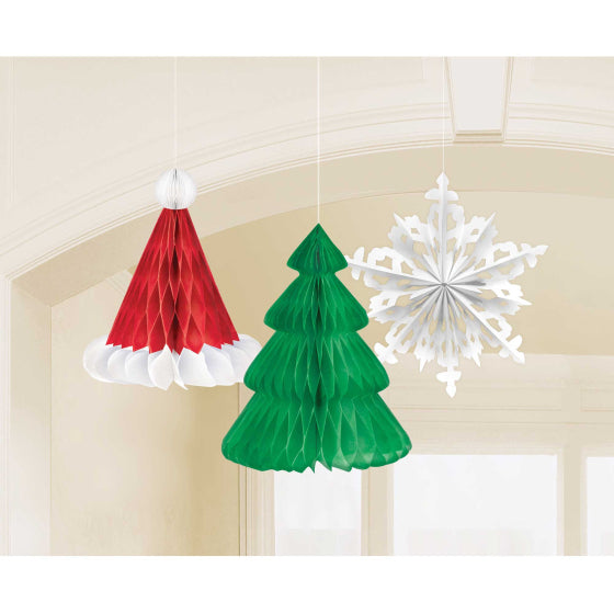 Christmas Honeycomb Hanging Decorations- Tree, Hat & Snowflake