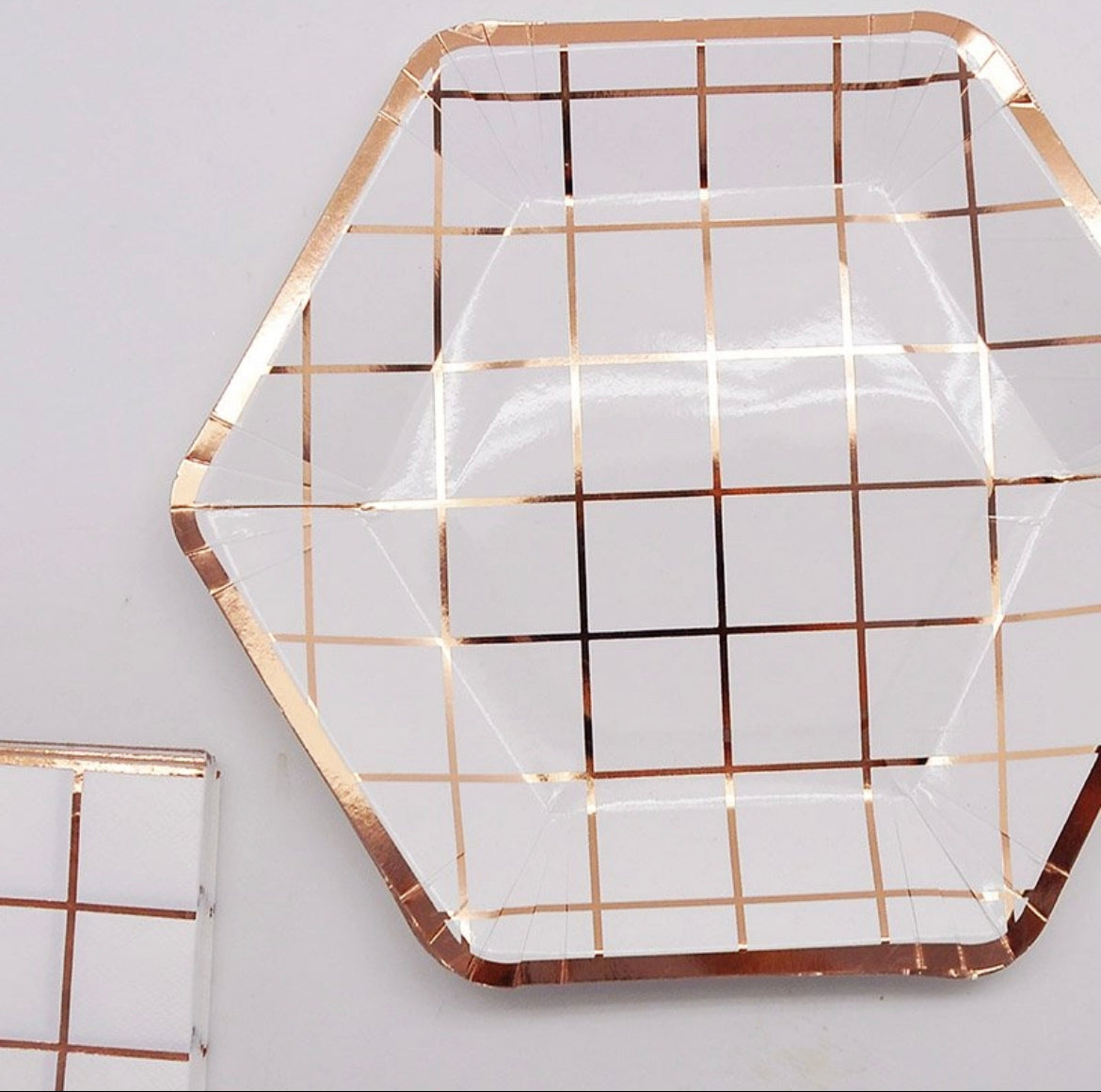 Rose Gold Plaid Stripe Paper Dessert Plates