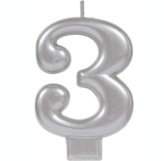 Metallic Silver Candle Topper | Number 3