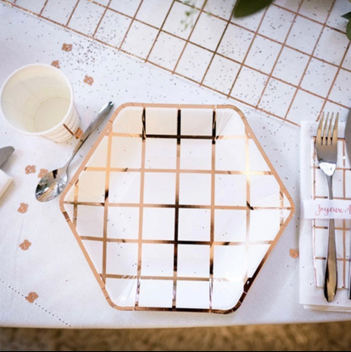 Rose Gold Plaid Stripe Paper Dessert Plates