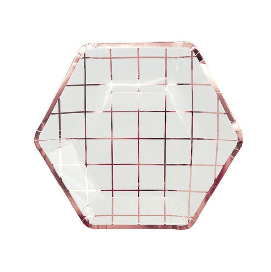 Rose Gold Plaid Stripe Paper Dessert Plates